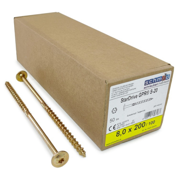Шурупы Schmid StarDrive GPR 8.0x200/100 TK TX40 (Жёлтый цинк, тарелка, 50шт)